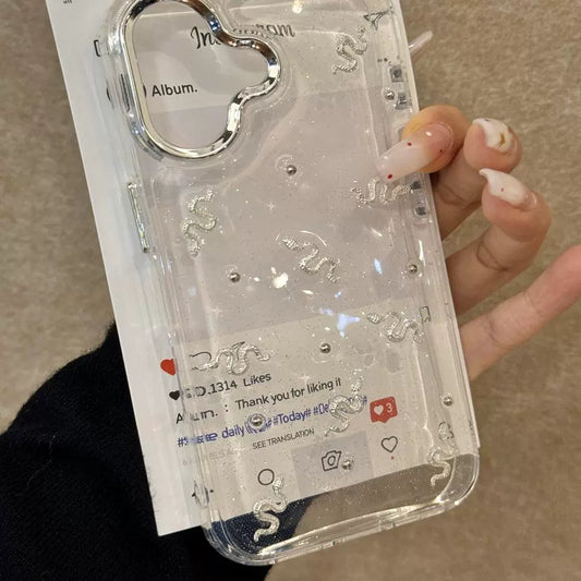 Transparent Epoxy Silver Snake Art Aesthetic Mobile Phone Case, Clean Girl Mobile Phone Case Suitable for iPhone16 iPhone15 iPhone14 iPhone13