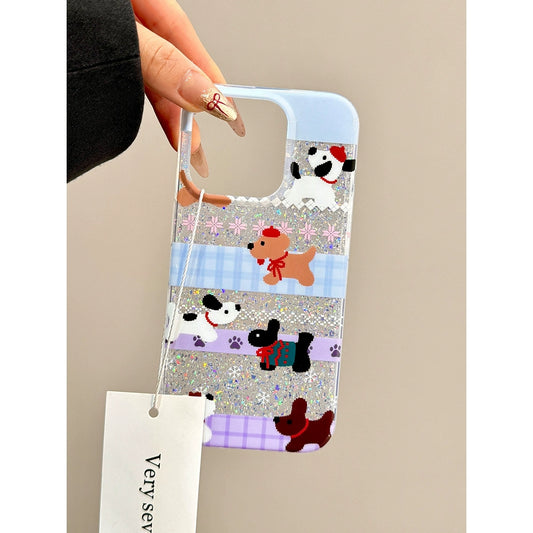 Sequins Glitter Pink and Blue Plaid Multiple Dogs Mosaic Cute Phone Cases Suitable for iPhone16 iPhone15 iPhone14 iPhone13