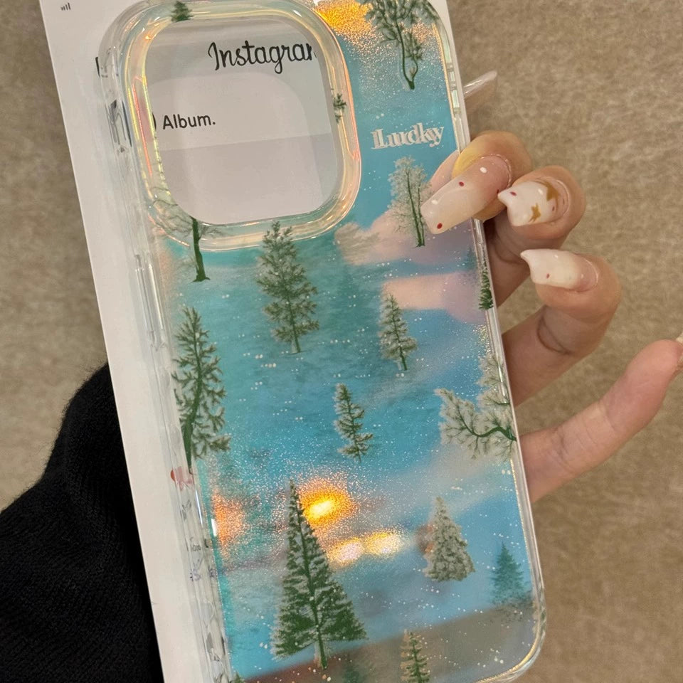 Pine Glitter Blue Translucent Dream Clear Aesthetic Phone Case Suitable for iPhone16 iPhone15 iPhone14 iPhone13