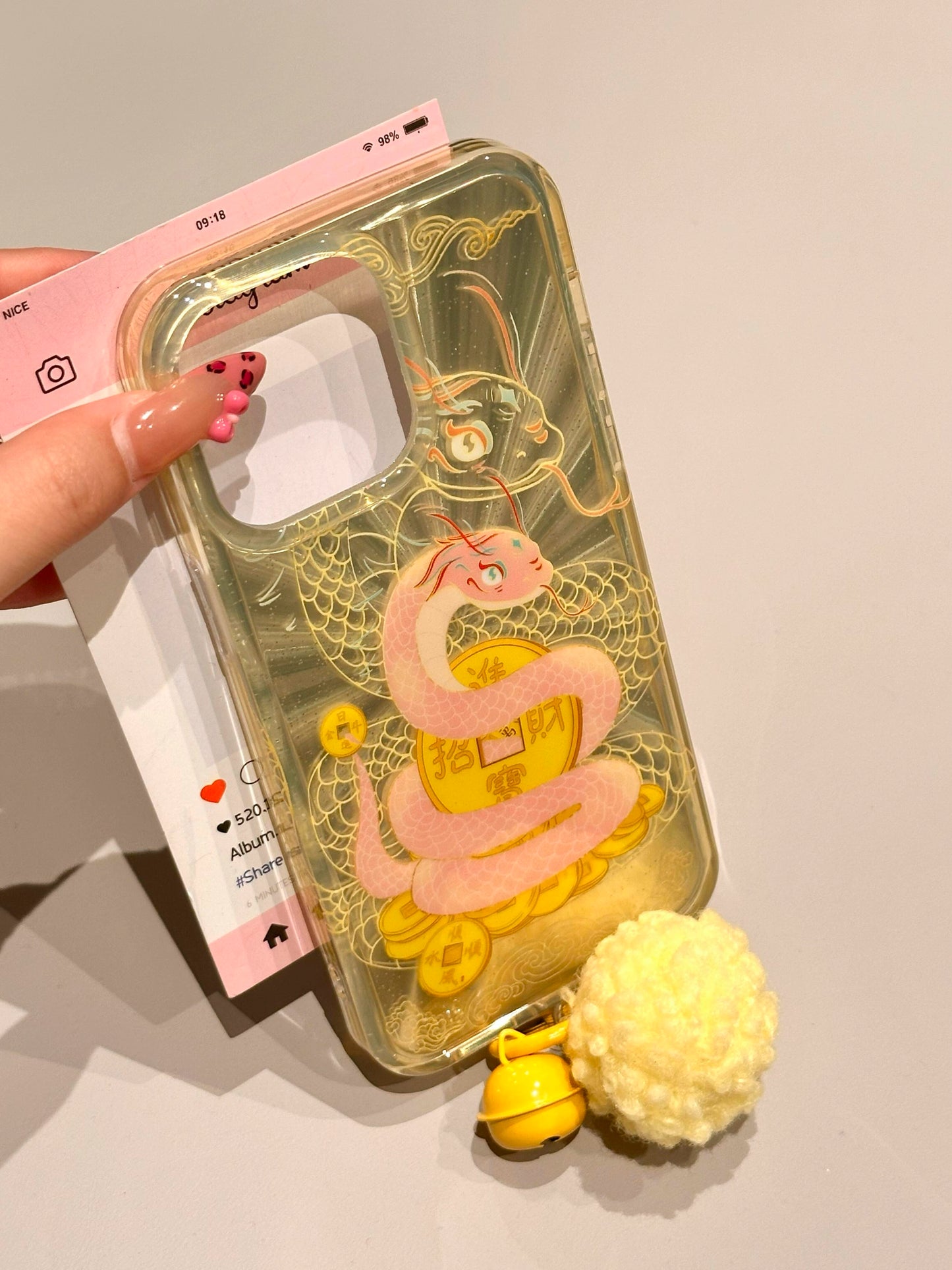 Golden Fortune Means Gold Bottom Ingot Pink Snake Aesthetics Double-sided Mobile Phone Case All-inclusive Mobile Phone Case Suitable for iPhone16 iPhone15 iPhone14 iPhone13