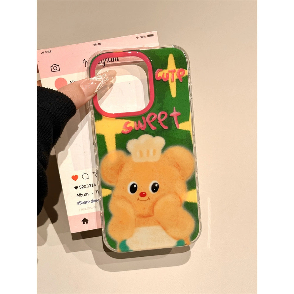 Cartoon Green Background Yellow Bear Illustration Cute Phone Case Suitable for iPhone16 iPhone15 iPhone14 iPhone13