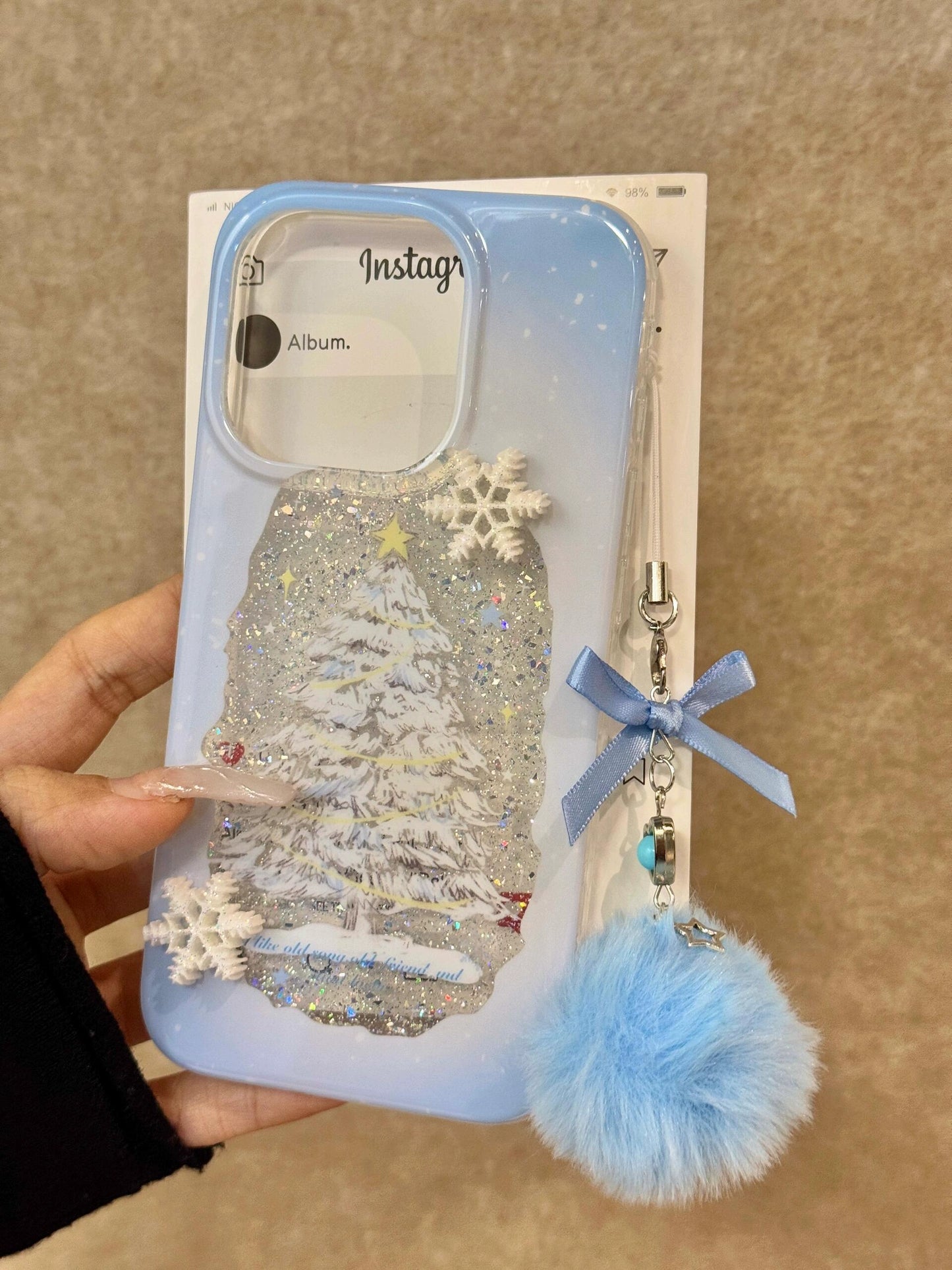 Hollow Sequined Snowflake Christmas Tree Illustration Blue Soft Sweet Girl Aesthetic Phone Case Suitable for iPhone16 iPhone15 iPhone14 iPhone13