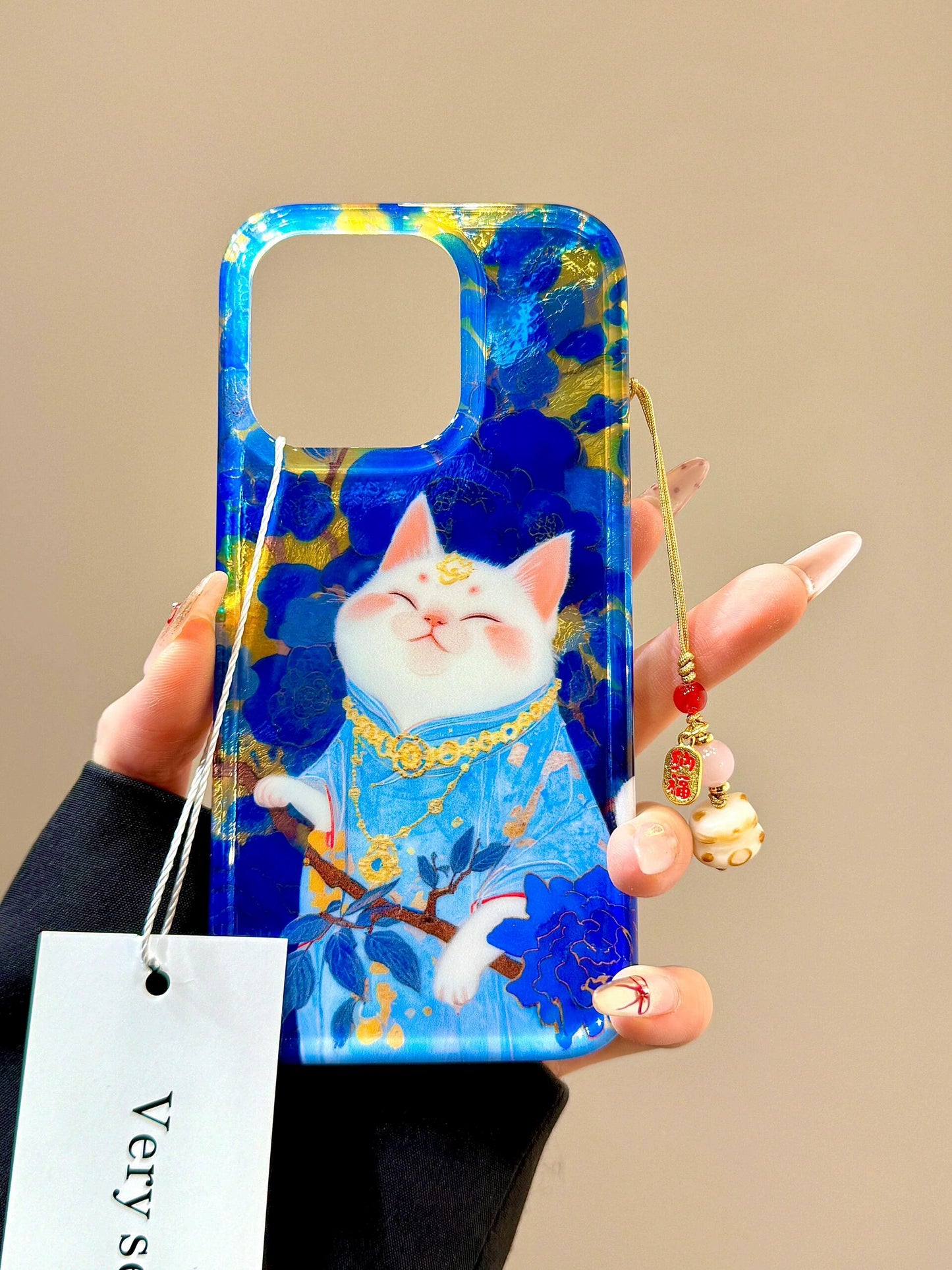 Oil Painting Rich Cat Blue Aesthetic Mobile Phone Case with Mobile Phone Chain Pendant Suitable for iPhone16 iPhone15 iPhone14 iPhone13