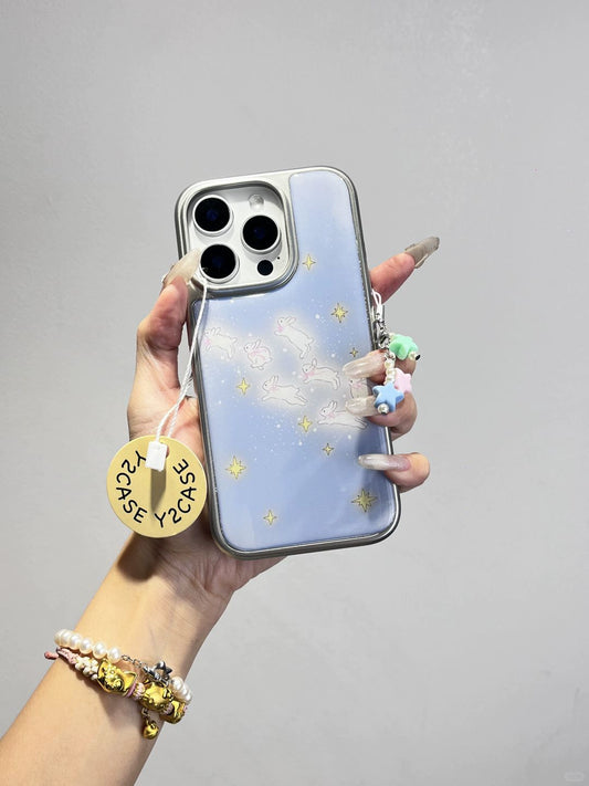 Girl Tender Milk Blue Cute White Rabbit Star Illustration Aesthetics Mobile Phone Case Suitable for iPhone16 iPhone15 iPhone14 iPhone13