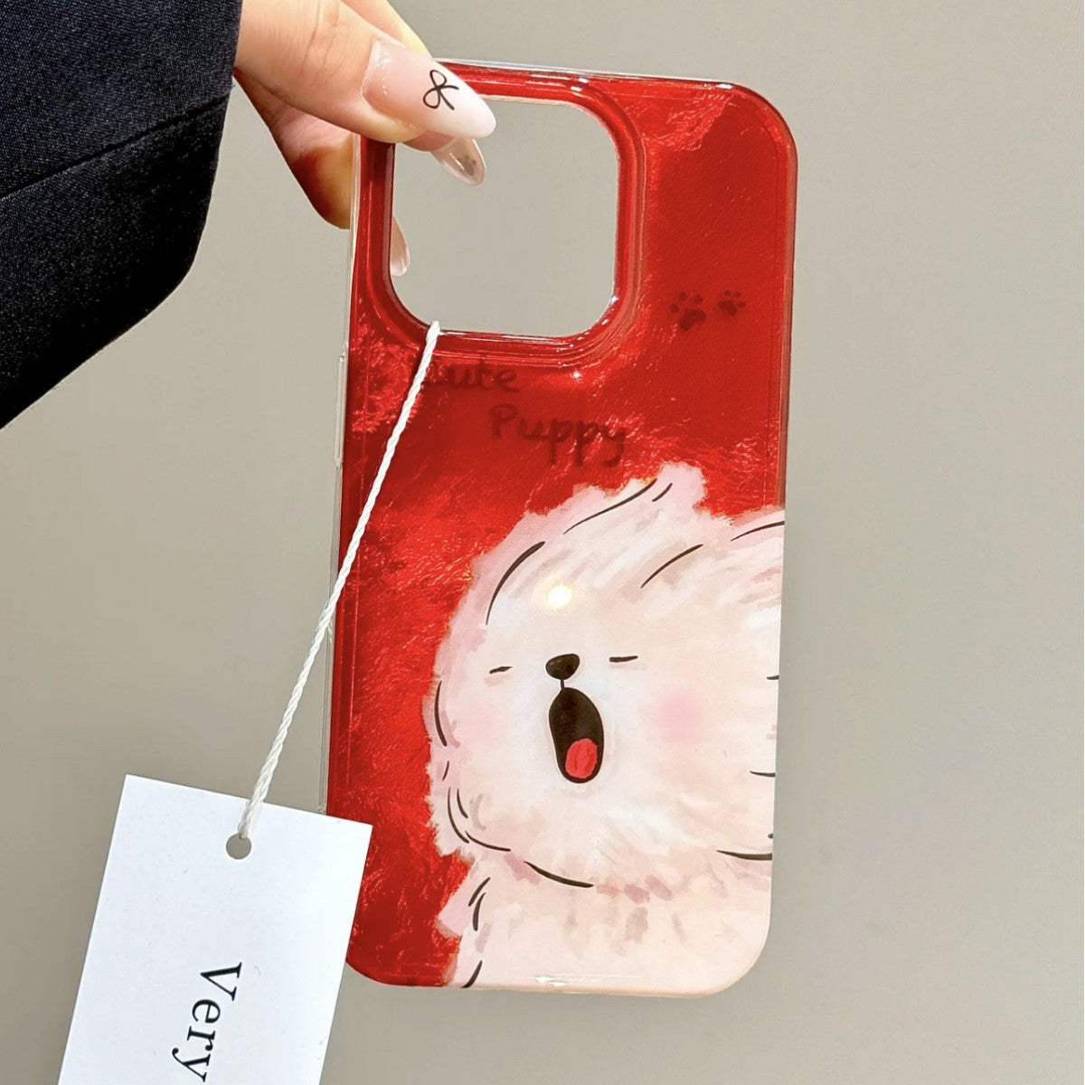 Red Background Cute Yawning Dog Tinfoil Pattern Aesthetics Cute Phone Case Suitable for iPhone16 iPhone15 iPhone14 iPhone13