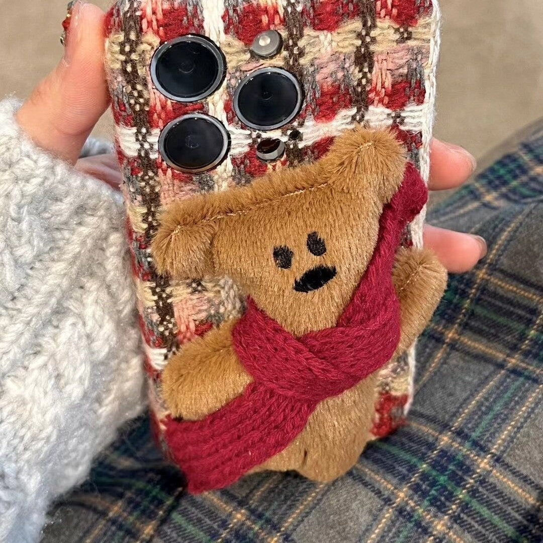 Plush Plaid Red Scarf Teddy Bear Cute Phone Case Suitable for iPhone16 iPhone15 iPhone14 iPhone13