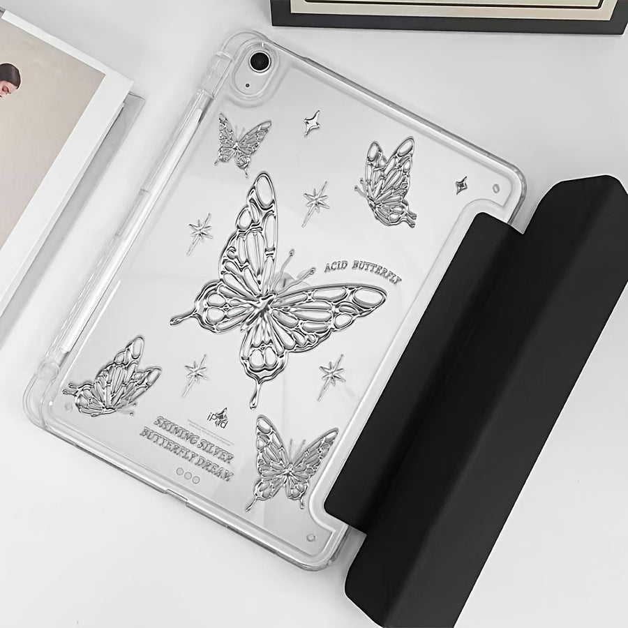 Transparent Silver Butterfly Triple Fold Stand Tablet Case IPad Pro11 2024/10th/10.2/10 9/9.7