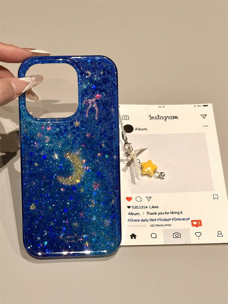 Transparent Blue Sequined Star Bow Glitter Aesthetic Phone Case Suitable for iPhone16 iPhone15 iPhone14 iPhone13