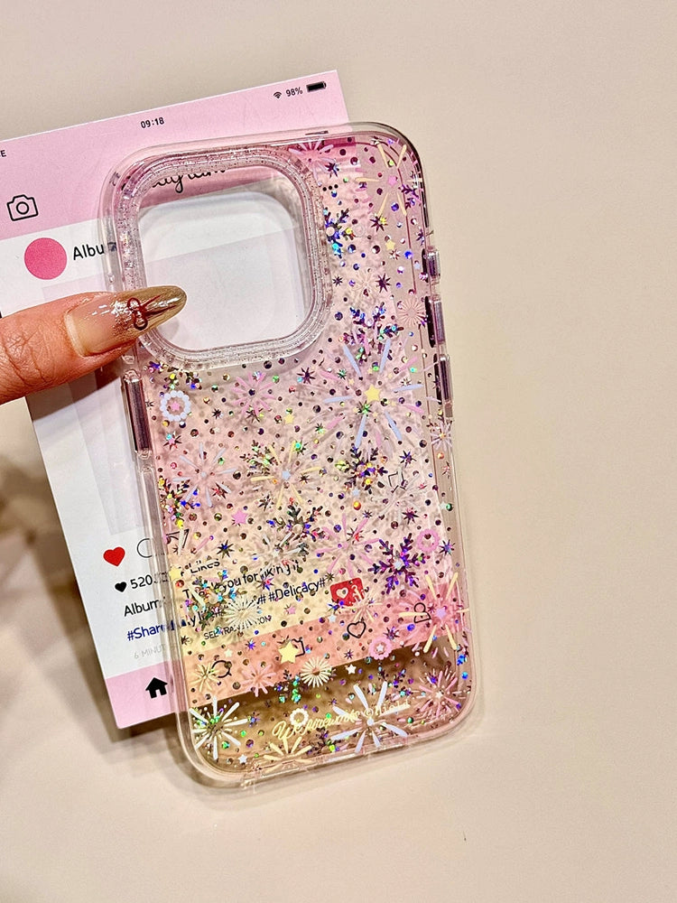 Sequined Double-layer Color Fireworks Flower Beaded Chain Mobile Phone Case Suitable for iPhone16 iPhone15 iPhone14 iPhone13