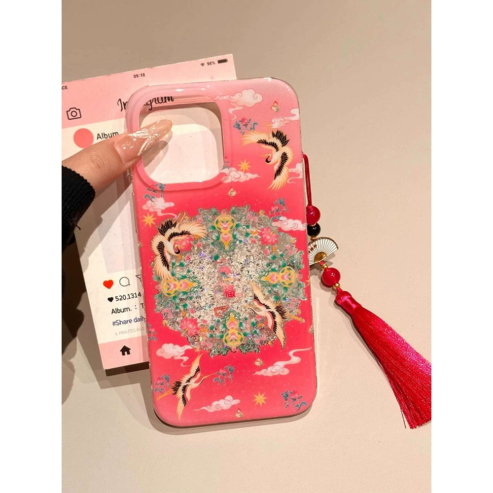 Chinese Style Red Background Auspicious Cloud Gourd Crane Translucent Aesthetic Mobile Phone Case with Fringed Mobile Phone Chain Suitable for iPhone16 iPhone15 iPhone14 iPhone13