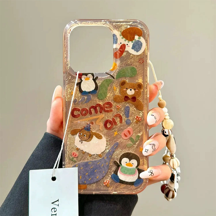 Tin Foil Pattern Cute Little Animal Bracelet Strip Cute Aesthetic Mobile Phone Case with Mobile Phone Chain Pendant Suitable for iPhone16 iPhone15 iPhone14 iPhone13