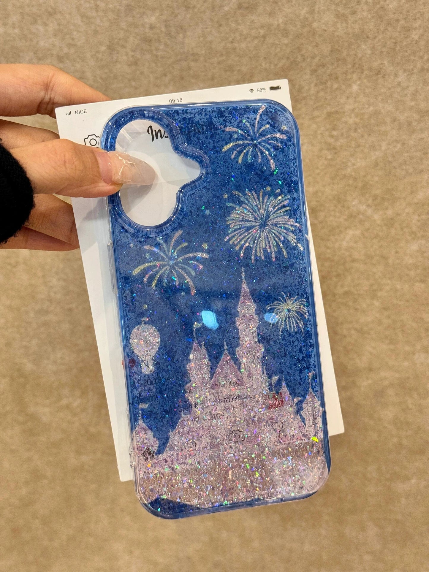 Translucent Blue Glitter Fireworks Pink Castle Aesthetic Phone Case Suitable for iPhone16 iPhone15 iPhone14 iPhone13