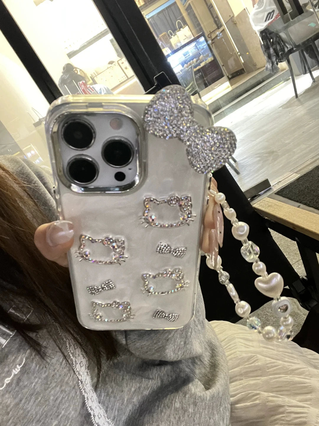 Girl Flash Diamond Cat Bow Shiny Aesthetic Mobile Phone Case with Mobile Phone Chain Pendant Suitable for iPhone16 iPhone15 iPhone14 iPhone13