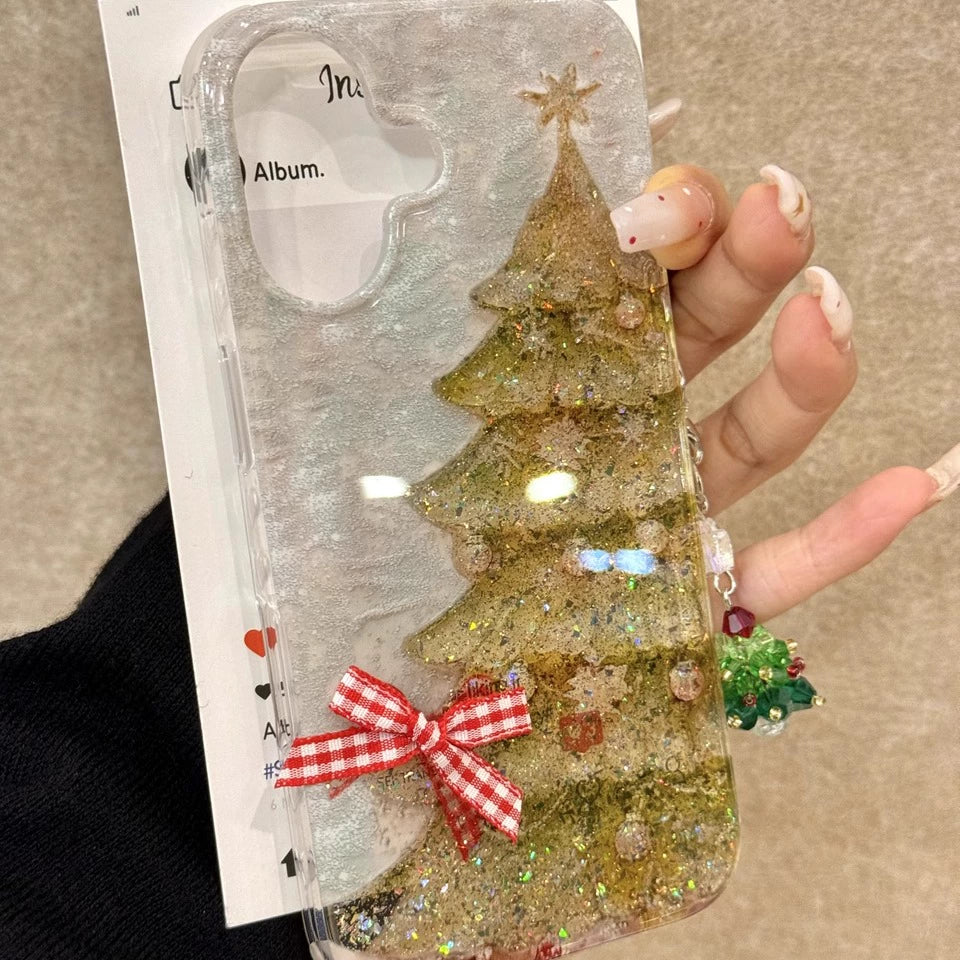 Girl Translucent Bow Christmas Tree Glitter Aesthetic Mobile Phone Case with Mobile Phone Chain Pendant Suitable for iPhone16 iPhone15 iPhone14 iPhone13