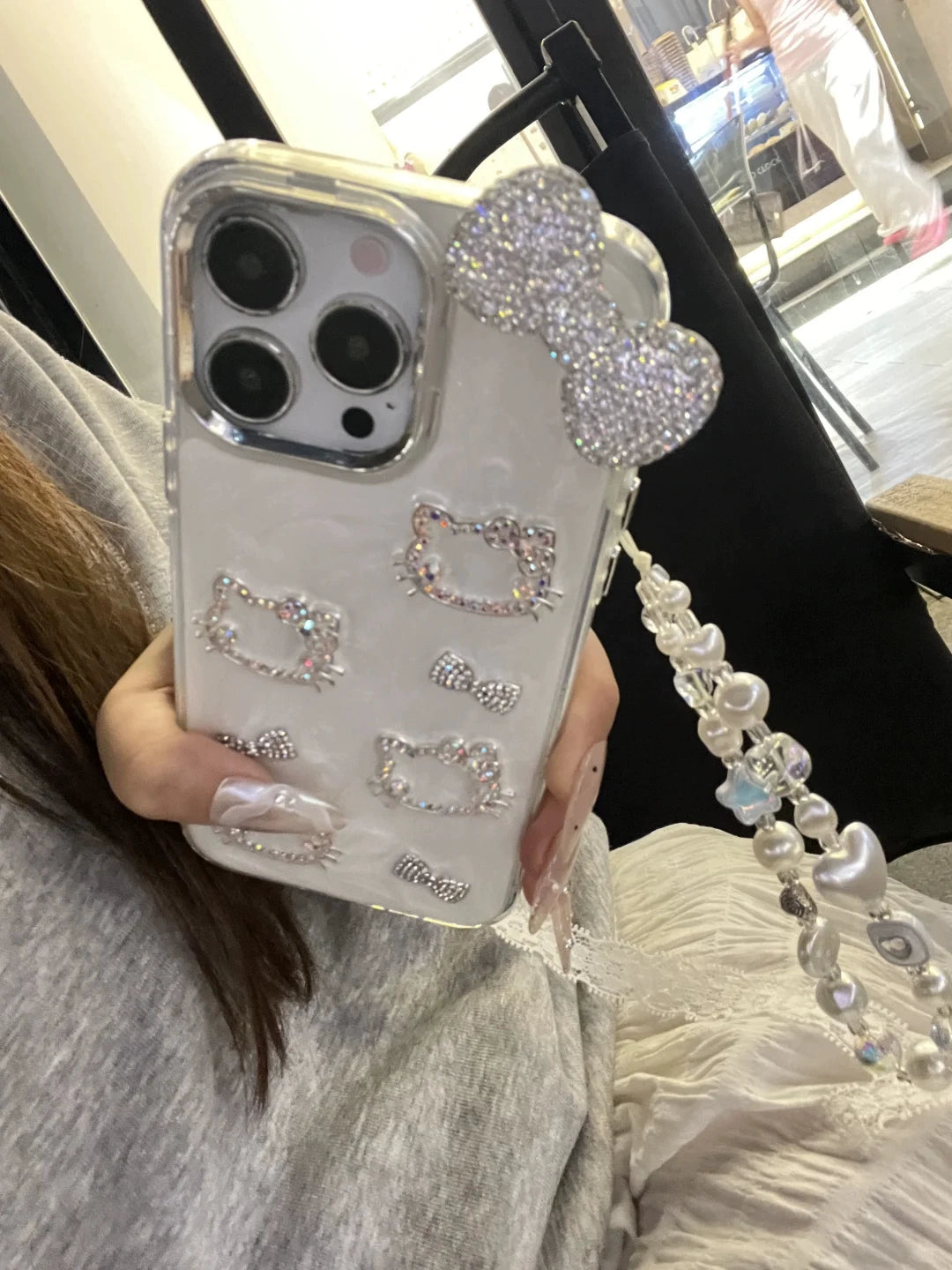 Girl Flash Diamond Cat Bow Shiny Aesthetic Mobile Phone Case with Mobile Phone Chain Pendant Suitable for iPhone16 iPhone15 iPhone14 iPhone13