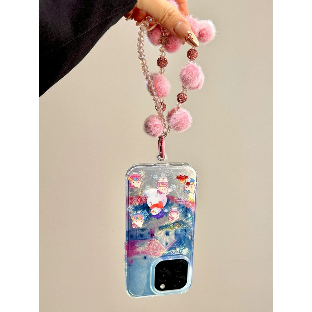 Cute Pink House Snowman Cat Cat Snowflake Hairball Chain Aesthetic Phone Case Suitable for iPhone16 iPhone15 iPhone14 iPhone13