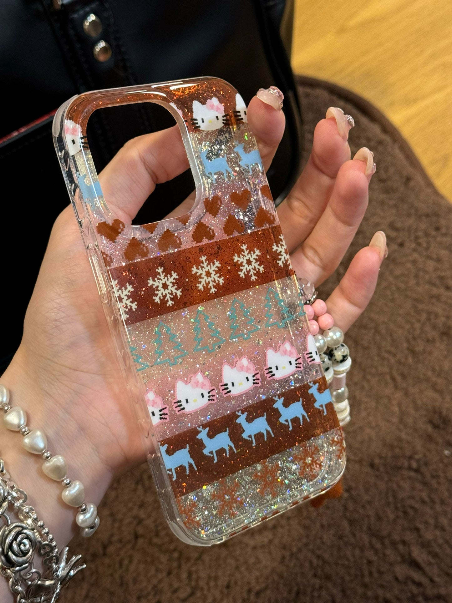 Retro Snowflake Glitter Cute Kitten Striped Korean Aesthetic Mobile Phone Case with Mobile Phone Chain Pendant Suitable for iPhone16 iPhone15 iPhone14 iPhone13