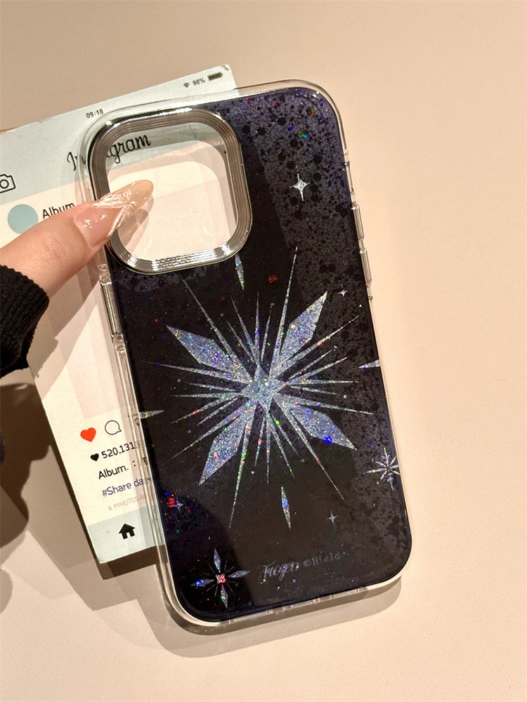 Black Background Glitter Blue Snowflake Aesthetic Mobile Phone Case Suitable for iPhone16 iPhone15 iPhone14 iPhone13