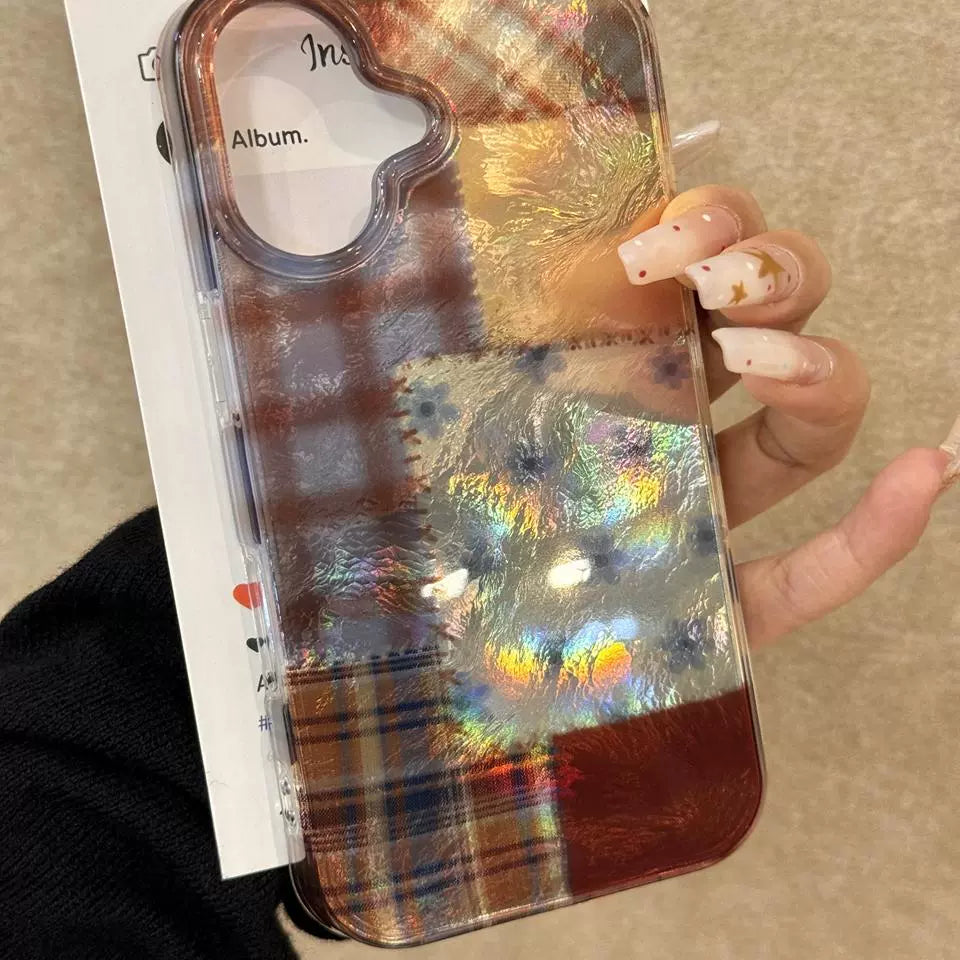 Plaid Splicing Floral Aesthetic Mobile Phone Case Suitable for iPhone16 iPhone15 iPhone14 iPhone13