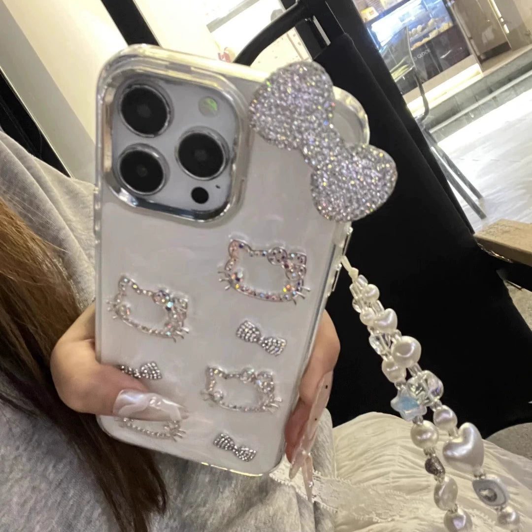 Girl Flash Diamond Cat Bow Shiny Aesthetic Mobile Phone Case with Mobile Phone Chain Pendant Suitable for iPhone16 iPhone15 iPhone14 iPhone13