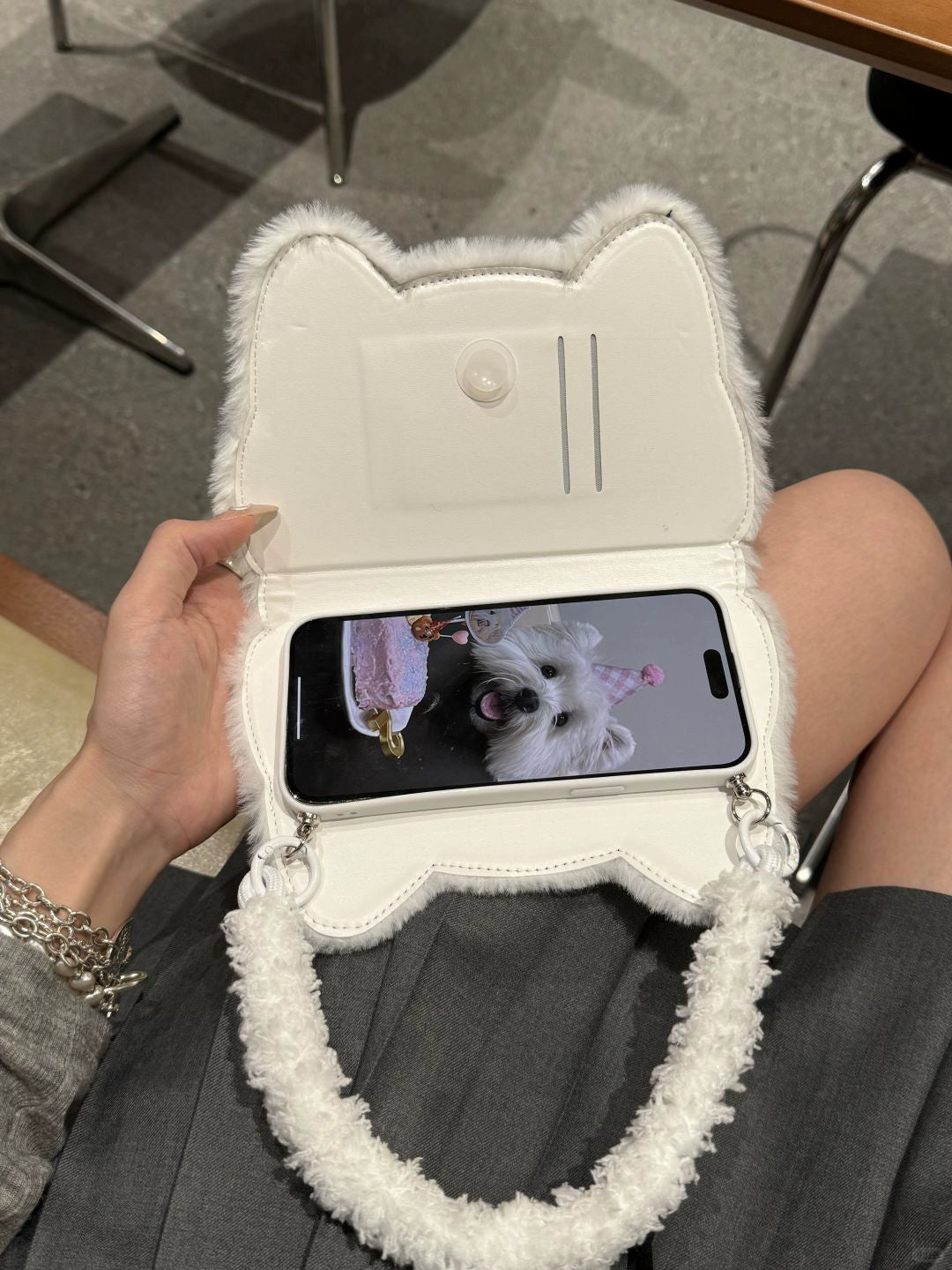 White Plush Dog Flip Phone Case with Bracelet Suitable for iPhone16 iPhone15 iPhone14 iPhone13