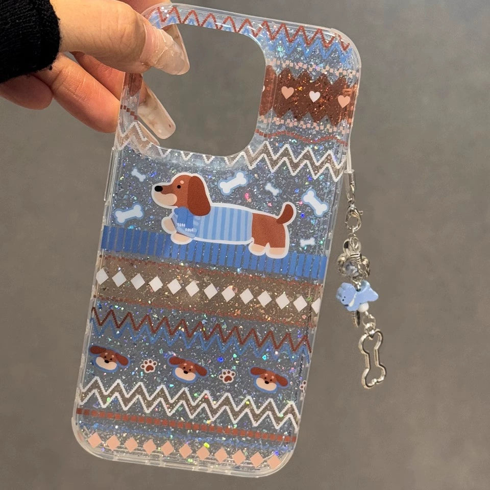 Translucent Blue Glitter Striped Puppy Cute Phone Case with Phone Chain Pendant Suitable for iPhone16 iPhone15 iPhone14 iPhone13