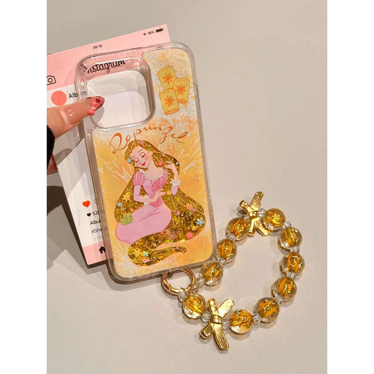 Yellow Bottom Fireworks Blonde Princess Quicksand Aesthetic Mobile Phone Case, Gold Glitter Mobile Phone Case with Phone Chain Suitable for iPhone16 iPhone15 iPhone14 iPhone13