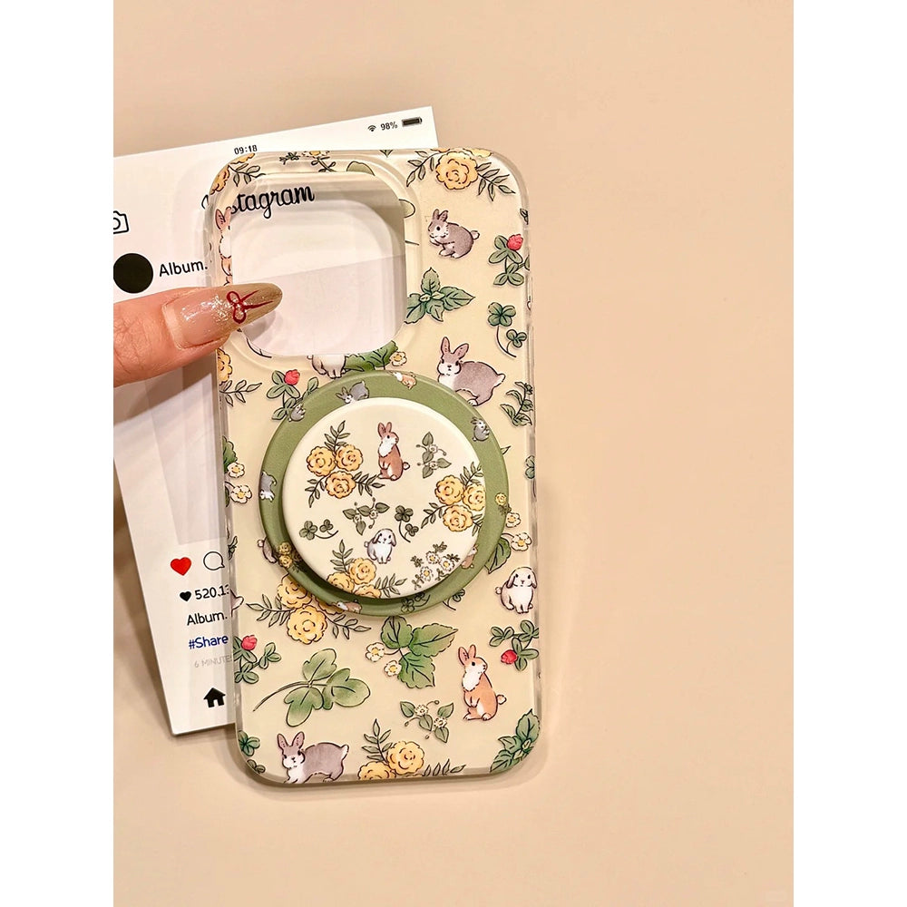 Flower Rabbit Magnetic Holder Pastoral Style Cute Aesthetic Mobile Phone Case Suitable for iPhone16 iPhone15 iPhone14 iPhone13