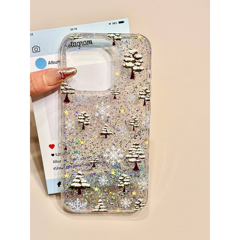 Winter Atmosphere Glitter Powder Snowflake Pine Transparent Mobile Phone Case with Pendant Suitable for iPhone16 iPhone15 iPhone14 iPhone13