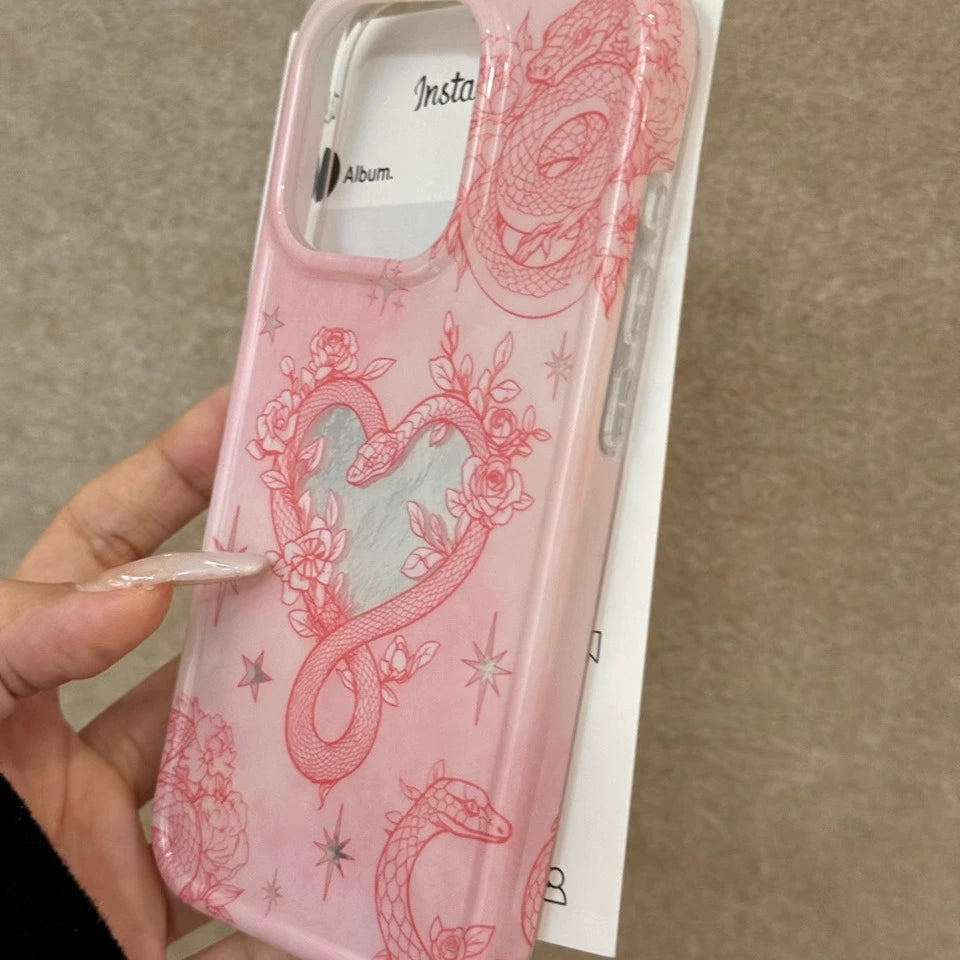 Love Rose Snake Star Black Pink Art Aesthetic Phone Case Suitable for iPhone16 iPhone15 iPhone14 iPhone13