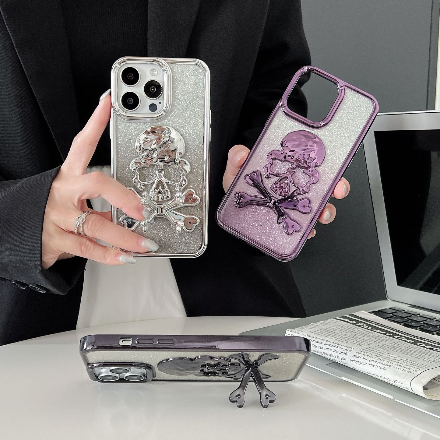 Electroplated Matte Skull Holder Mobile Phone Case Suitable for iPhone16 iPhone15 iPhone14 iPhone13