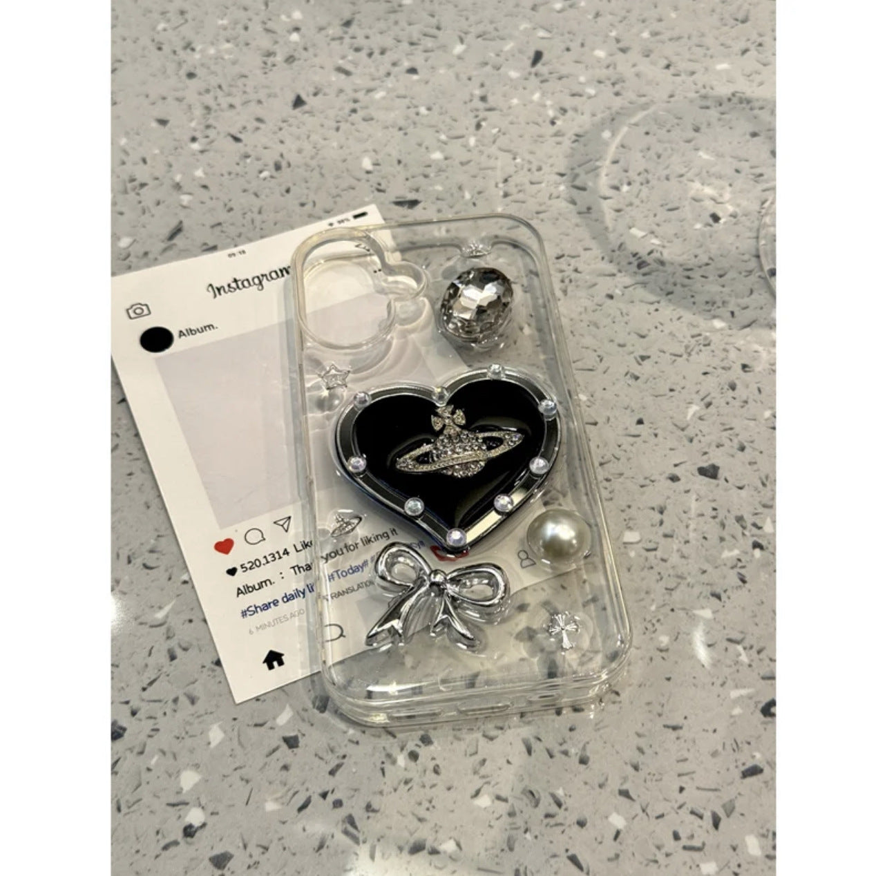 Epoxy Love Saturn Pearl Bow Diamond Transparent Aesthetic Mobile Phone Case Suitable for iPhone16 iPhone15 iPhone14 iPhone13