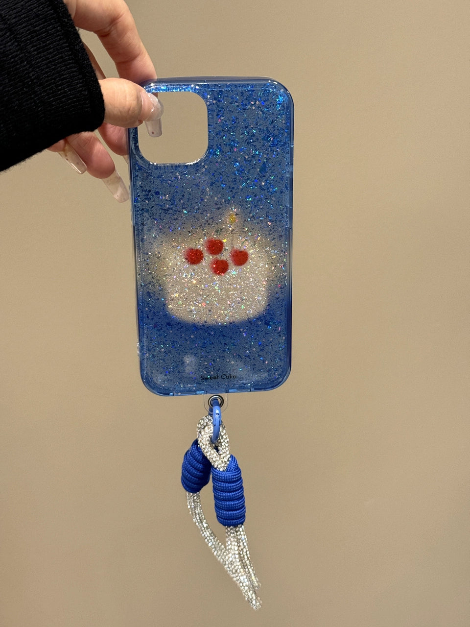 Translucent Cherry Cake Blue Bottom Glitter Shiny Aesthetic Mobile Phone Case with Mobile Phone Chain Pendant Suitable for iPhone16 iPhone15 iPhone14 iPhone13