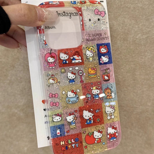 Cartoon Glitter Splicing Kt Cute Aesthetic Mobile Phone Case Suitable for iPhone16 iPhone15 iPhone14 iPhone13