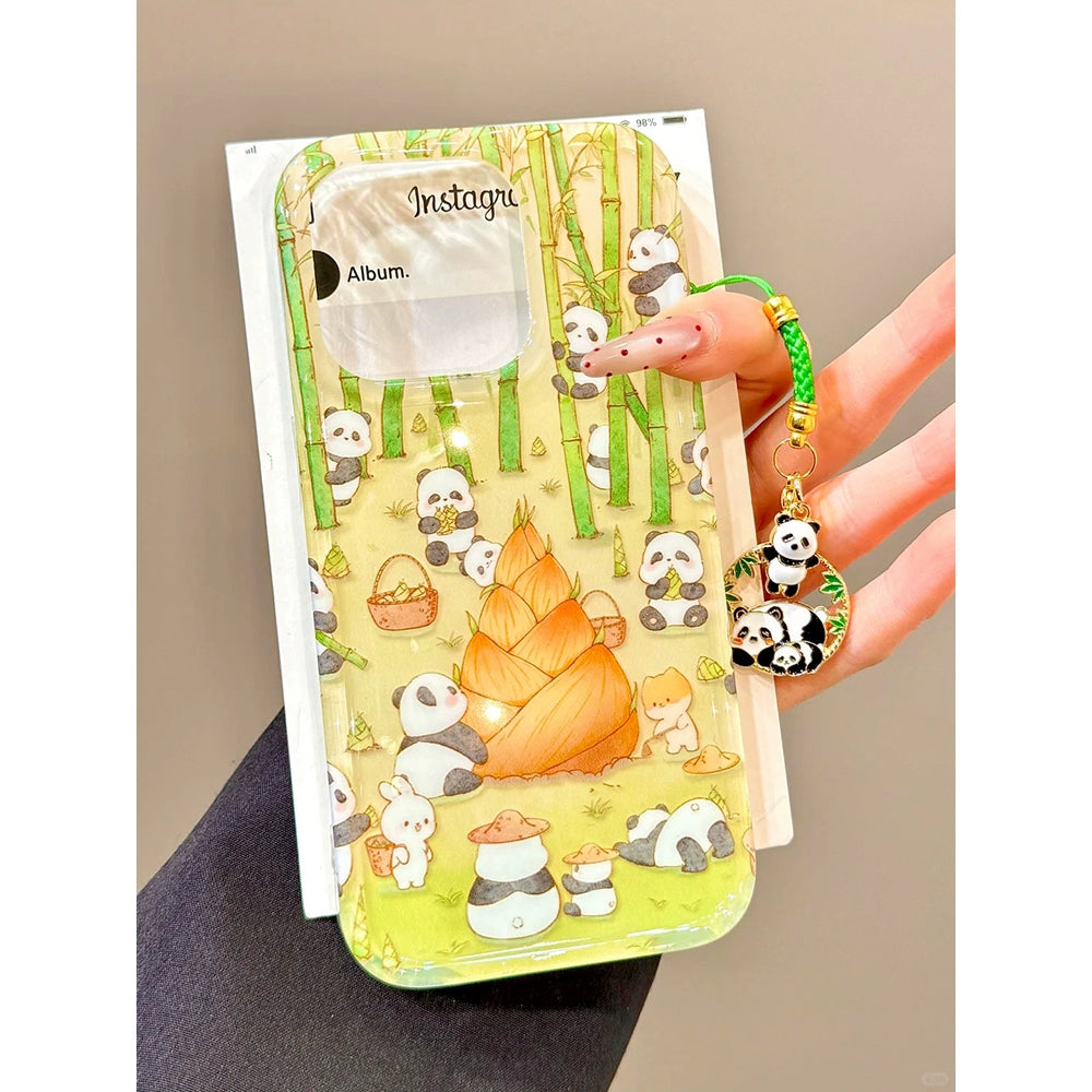 Bamboo Forest Rabbit Panda Pendant Cute Mobile Phone Case Suitable for iPhone16 iPhone15 iPhone14 iPhone13