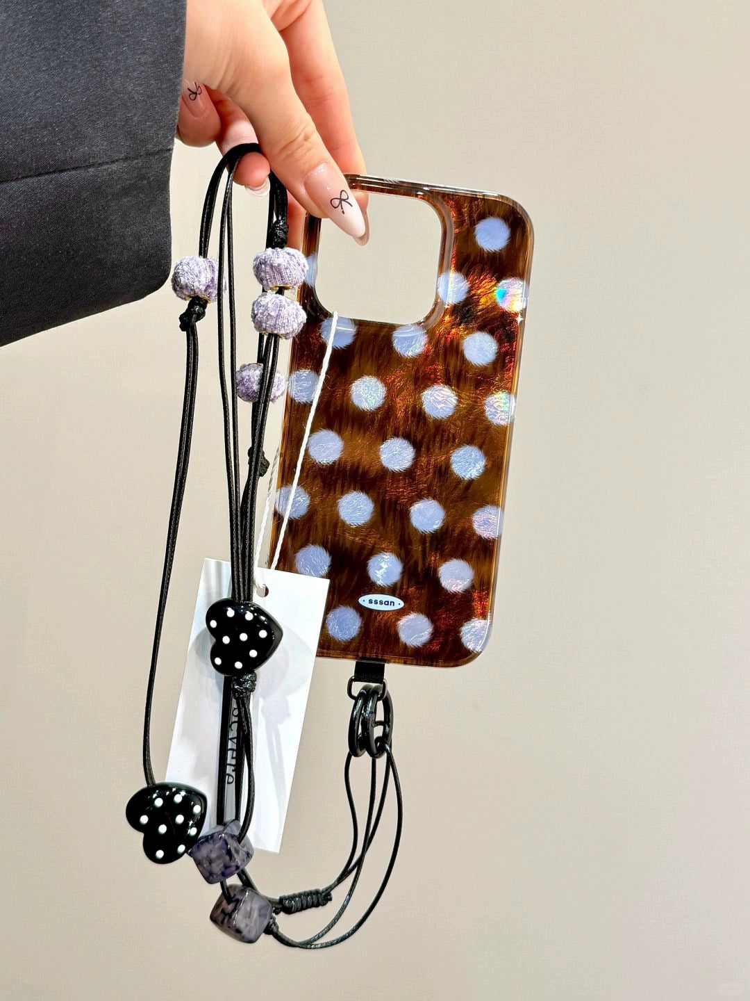 Dark Brown Full-screen Polka Dot Mobile Phone Case with Mobile Phone Chain Pendant Suitable for iPhone16 iPhone15 iPhone14 iPhone13