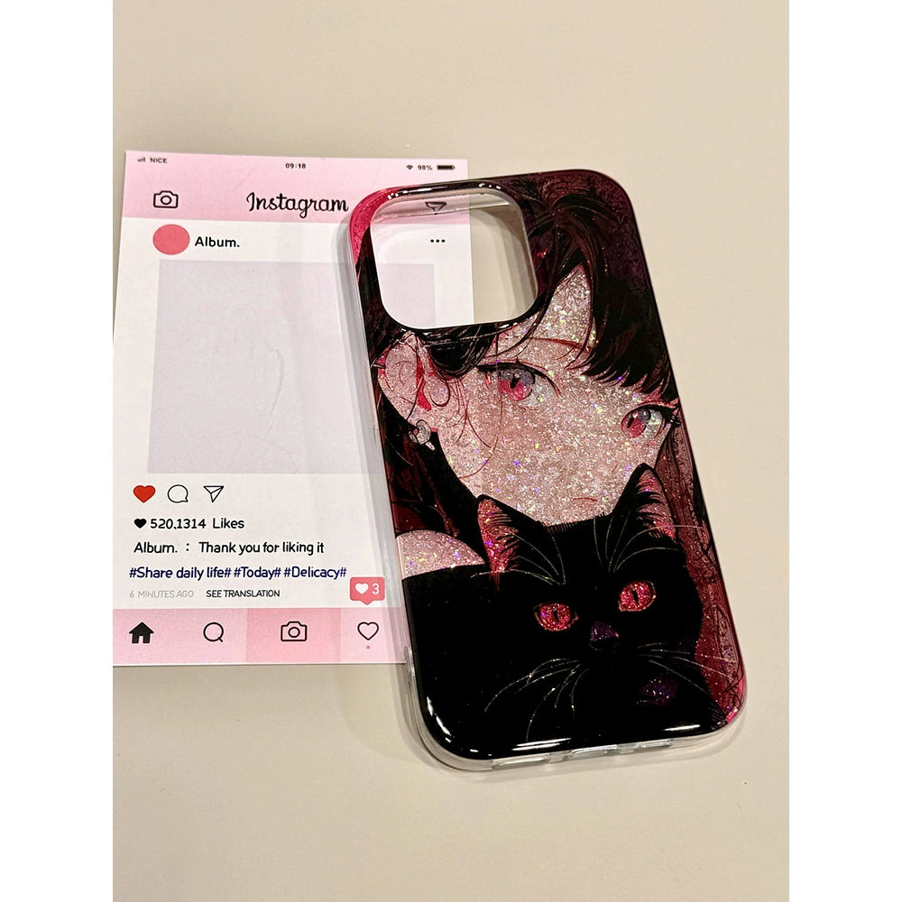 Sequin Double Layer Black Pussy Girl Cute Aesthetic Phone Case Suitable for iPhone16 iPhone15 iPhone14 iPhone13