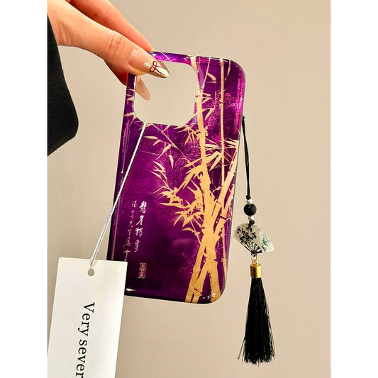 Retro Bamboo Ink Fan Purple Phone Case with Fringed Phone Chain Suitable for iPhone16 iPhone15 iPhone14 iPhone13