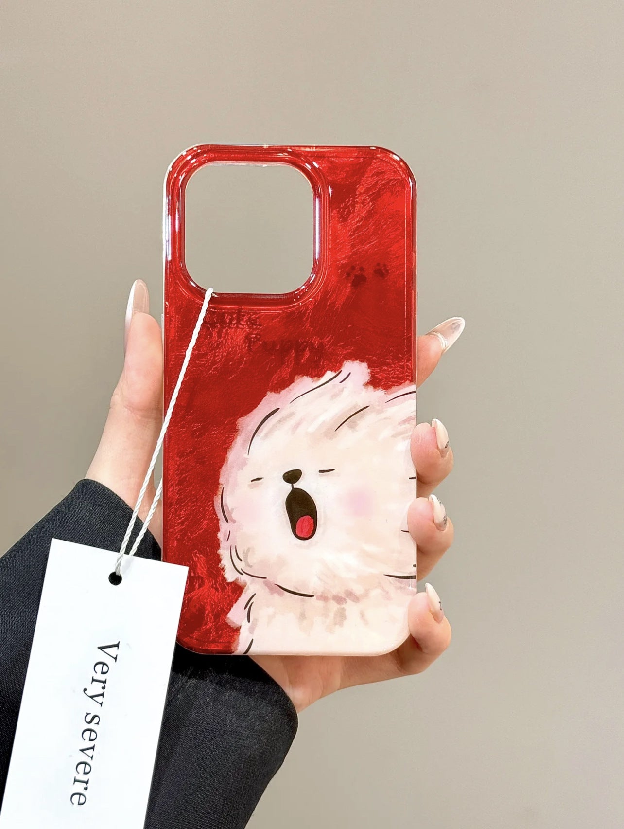 Red Background Cute Yawning Dog Tinfoil Pattern Aesthetics Cute Phone Case Suitable for iPhone16 iPhone15 iPhone14 iPhone13