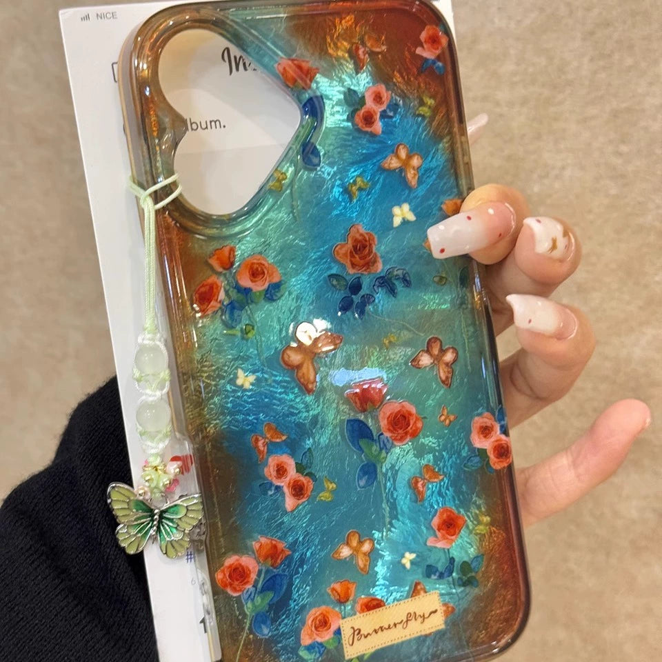 Smudge Blue-green Rose Butterfly Love Art Aesthetics Mobile Phone Case Suitable for iPhone16 iPhone15 iPhone14 iPhone13