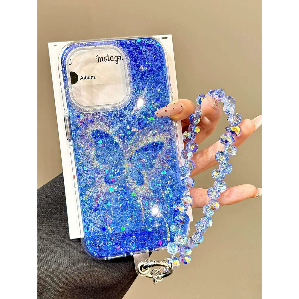 Transparent Blue Glitter Butterfly Beaded Chain Dream Aesthetic Mobile Phone Case Suitable for iPhone16 iPhone15 iPhone14 iPhone13