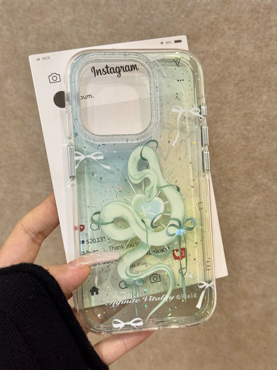 Gradually Change Green Bow Green Snake Transparent Glitter Aesthetic Mobile Phone Case Suitable for iPhone16 iPhone15 iPhone14 iPhone13