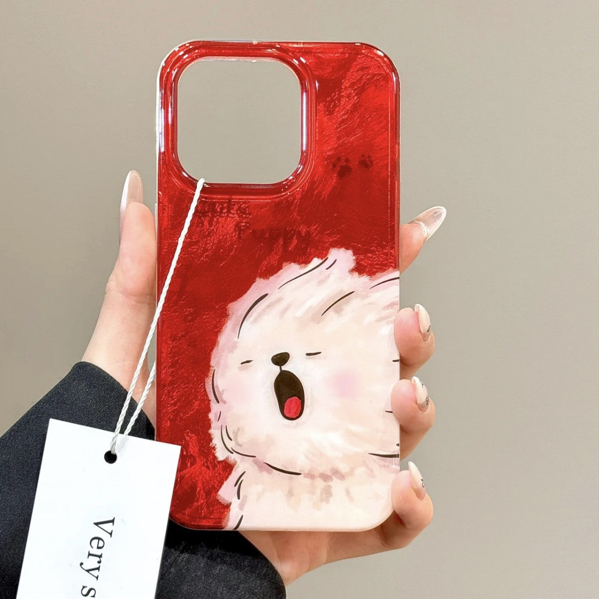 Red Background Cute Yawning Dog Tinfoil Pattern Aesthetics Cute Phone Case Suitable for iPhone16 iPhone15 iPhone14 iPhone13