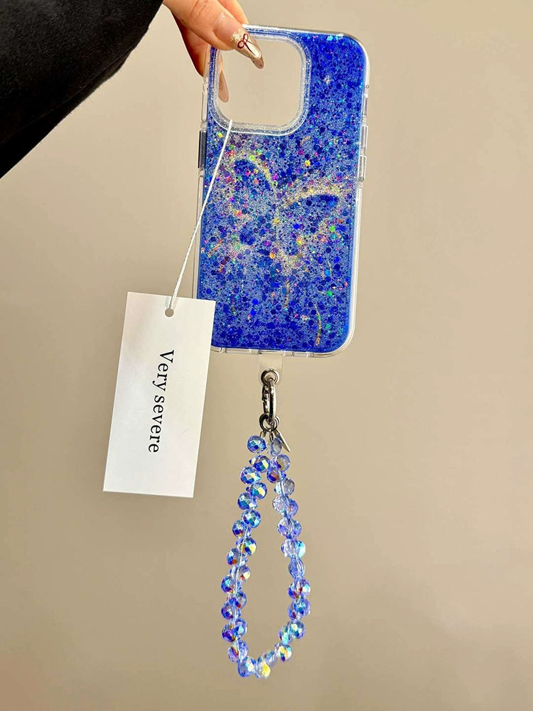 Transparent Blue Glitter Butterfly Beaded Chain Dream Aesthetic Mobile Phone Case Suitable for iPhone16 iPhone15 iPhone14 iPhone13