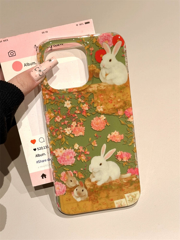 Pastoral Style Cartoon Green Background Floral Bunny Garden Cute Aesthetic Mobile Phone Case with Mobile Phone Chain Pendant Suitable for iPhone16 iPhone15 iPhone14 iPhone13