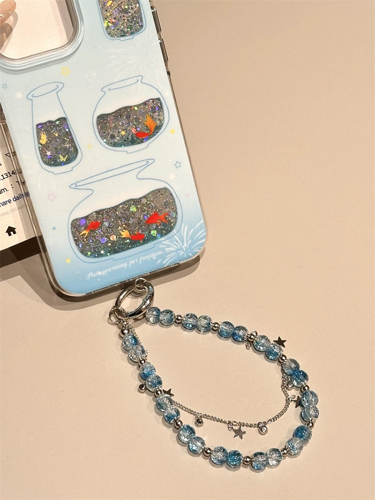 Blue Background Glitter Lines Goldfish Bottle Gradual Change Blue Aesthetic Phone Case Suitable for iPhone16 iPhone15 iPhone14 iPhone13