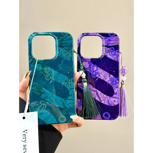 Green Purple Python Fringed Pendant Aesthetic Phone Case Suitable for iPhone16 iPhone15 iPhone14 iPhone13