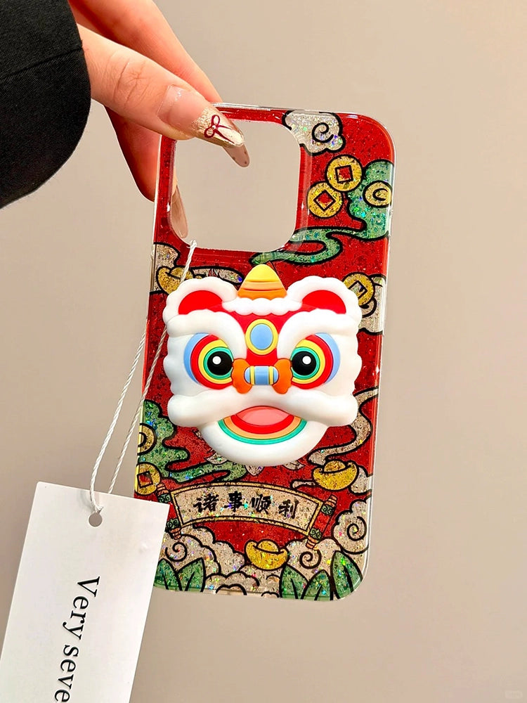 Everything Goes Well in The New Year, Lion Dance Red Lucky Aesthetics, Mobile Phone Case with Bracket Suitable for iPhone16 iPhone15 iPhone14 iPhone13