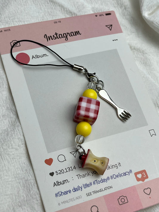 Apple Nuclear Fork Red and White Plaid Square Beaded Small Pendant Key Chain Cute Kawaii Mobile Phone Chain Girl Heart DIY