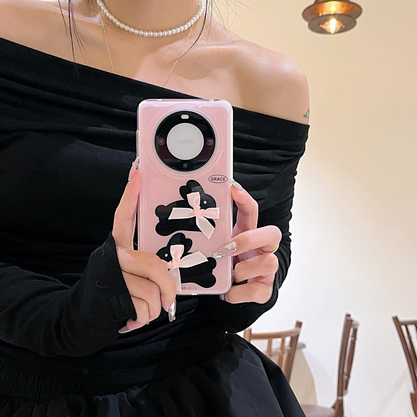 Pink Black Rabbit Bow Cute Aesthetic Mobile Phone Case, Suitable for Huawei Mate60pro Mate40pro/mate50pro Anti-drop